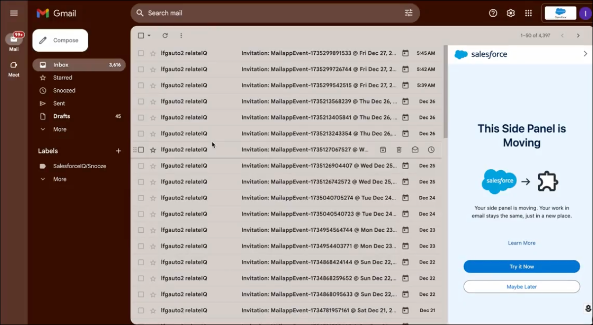 Screenshot of the Gmail Integration side panel with information about it moving to Sales Cloud Everywhere.