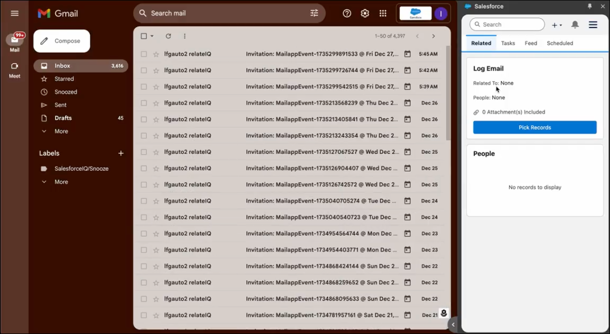 Screenshot of the Gmail Integration side panel in Sales Cloud Everywhere.