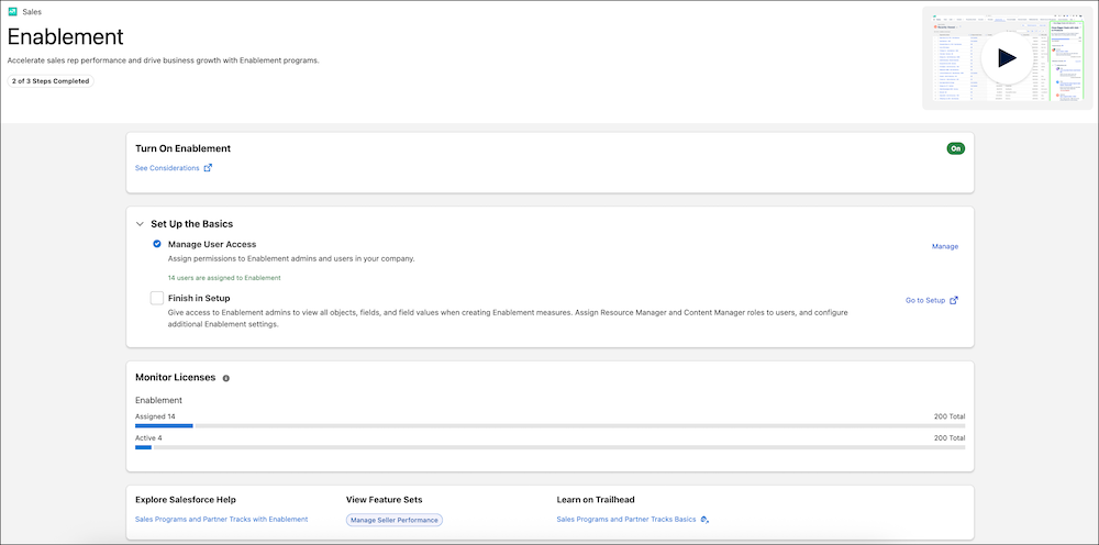 Enablement feature page on Salesforce Go