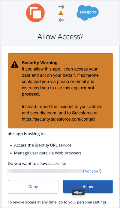 Security alert on the OAuth approval page where users authorize an app to access their data.