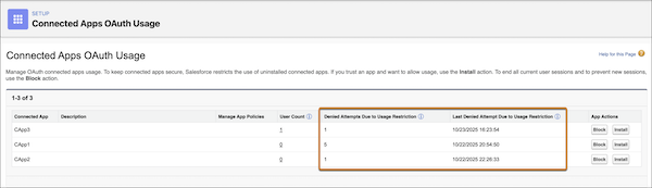 Connected Apps OAuth Usage page with new columns "Denied Attempts Due to Usage Restriction" and "Last Denied Attempt Due to Usage Restriction."