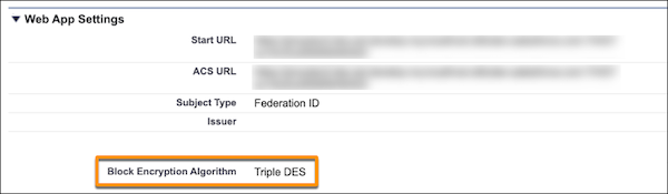 Block Encryption Algorithm setting with value set to Triple DES in connected app Web App Settings
