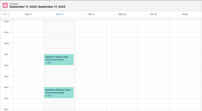 Le calendrier de Ryan après la création d'un événement avec Afficher l'heure comme défini sur Occupé.