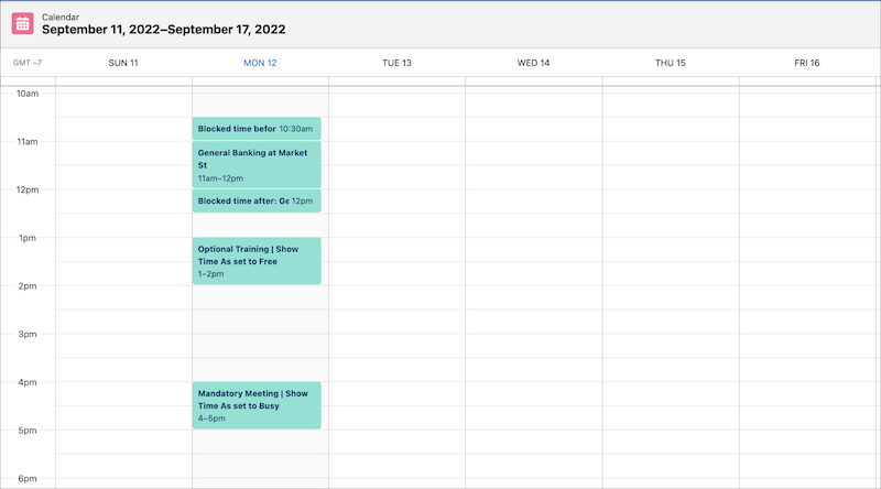 Le calendrier de Ryan avec les événements de rendez-vous et les périodes tampon de rendez-vous.