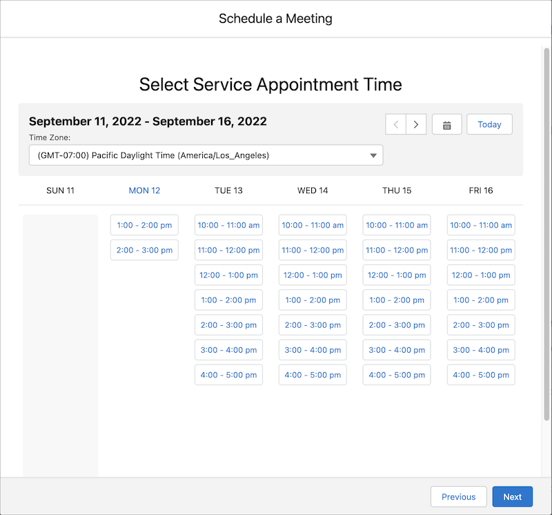 L'écran Sélectionner l'heure du rendez-vous service montrant les créneaux horaires pour la prise de rendez-vous.