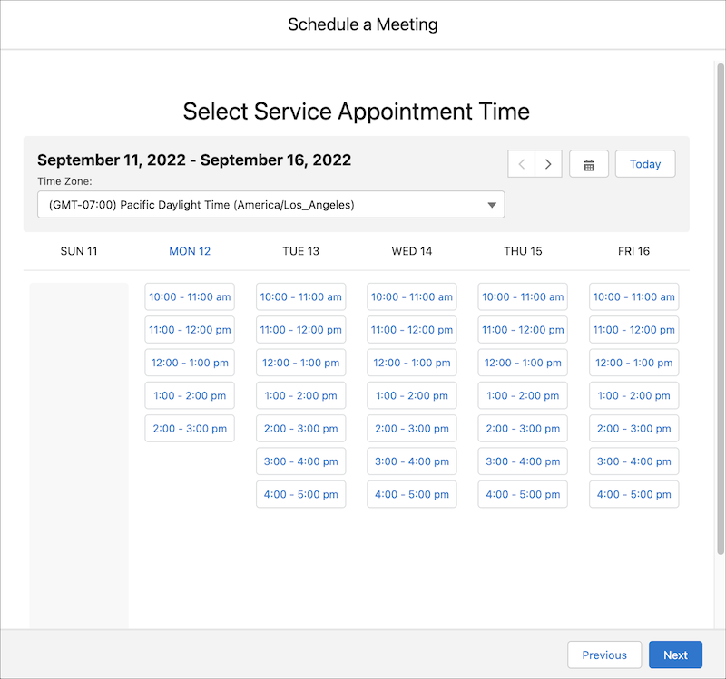 L'écran Sélectionner l'heure du rendez-vous de service montrant les créneaux horaires après la création d'un rendez-vous avec le champ Afficher l'heure comme défini sur Occupé.