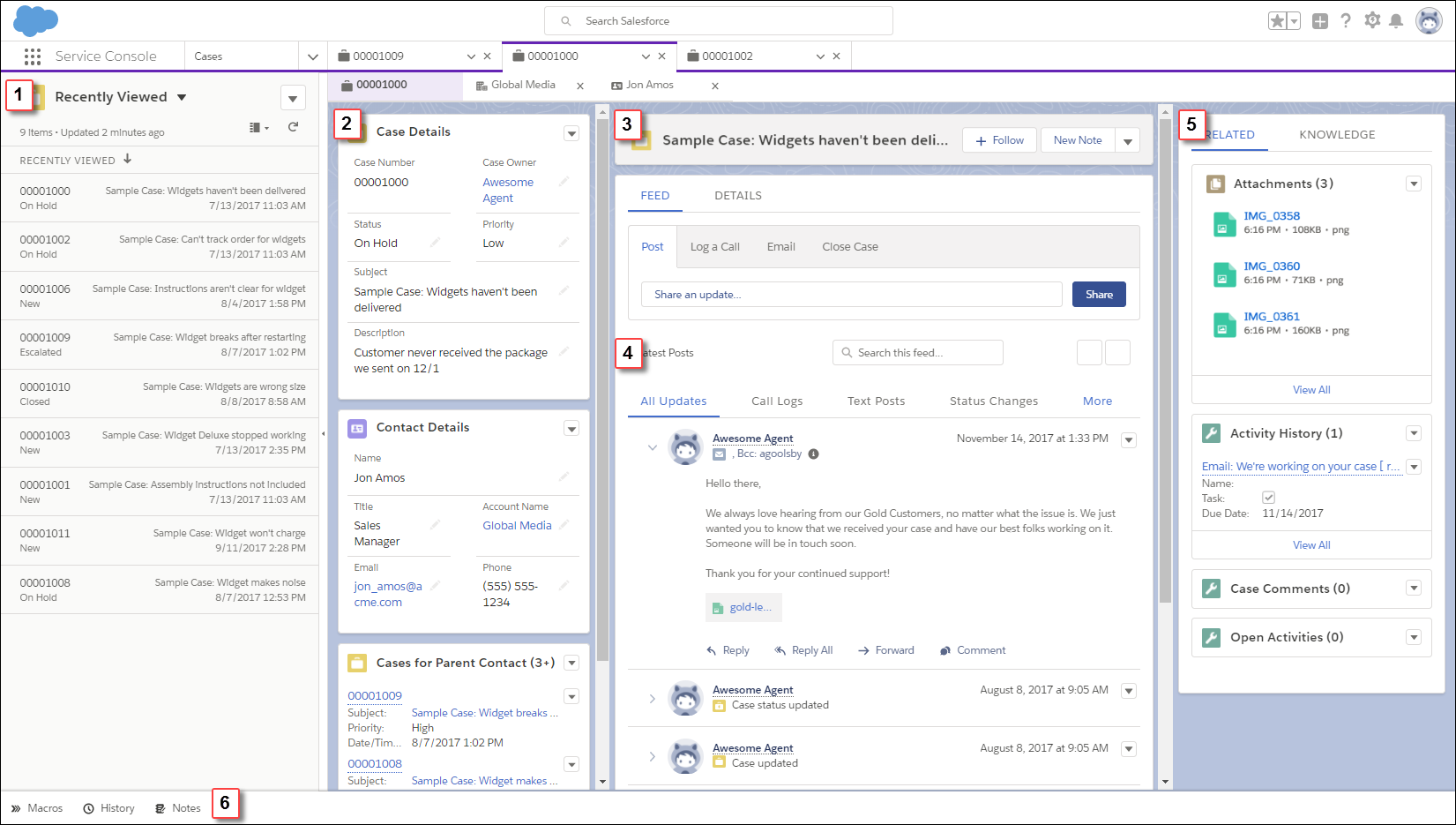 Screen shot of the Service Console app with feature callouts.
