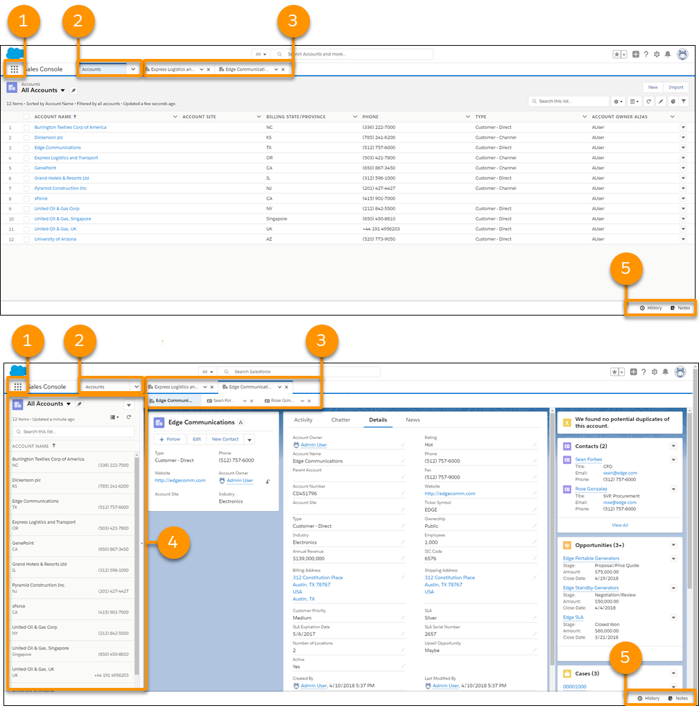 Screen shot of a custom Lightning console app.