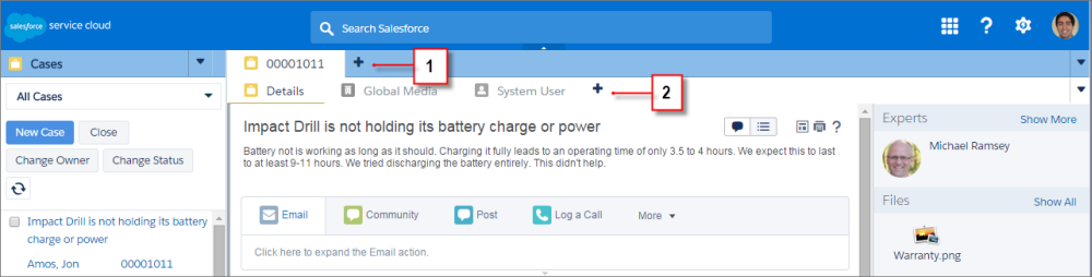 Salesforce console page with a primary tab and subtab