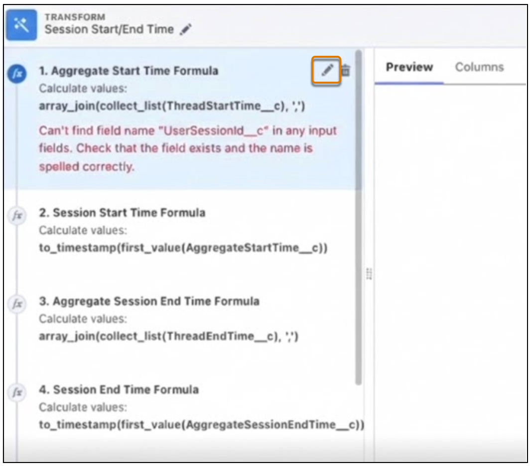 Image showing the data transform error and the edit icon.