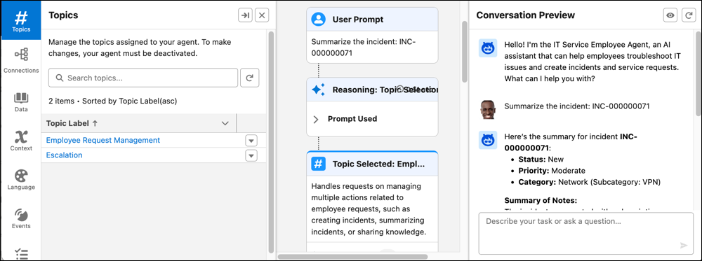 Example of conversation preview with the IT Employee agent