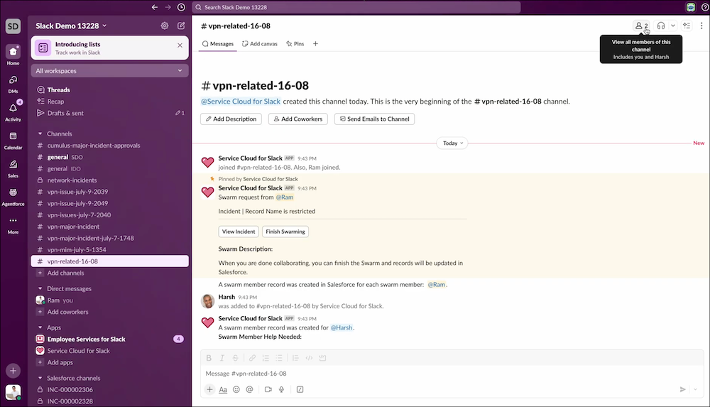 Solicitud de enjambre en Slack