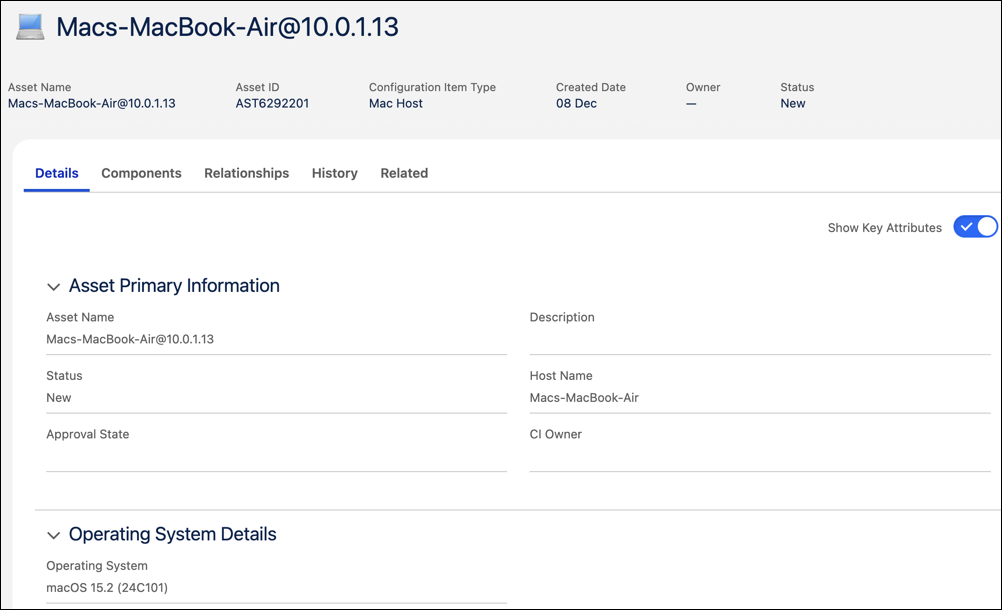 Pagina record elemento di configurazione