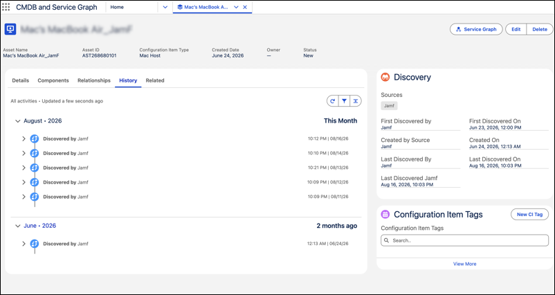 Jamf discovery history for a Mac configuration item in CI History tab