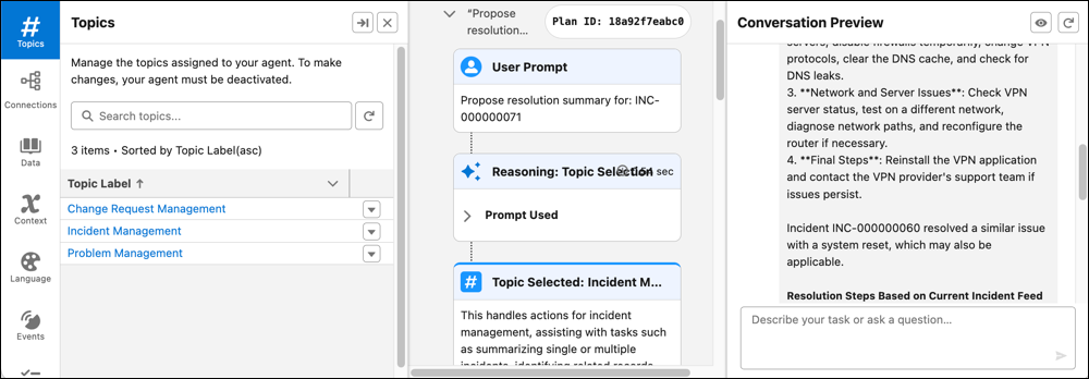Example of conversation preview with the IT Fulfiller agent