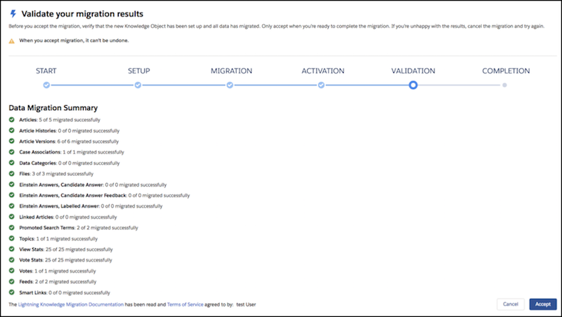 Validation screen with a successful data migration summary
