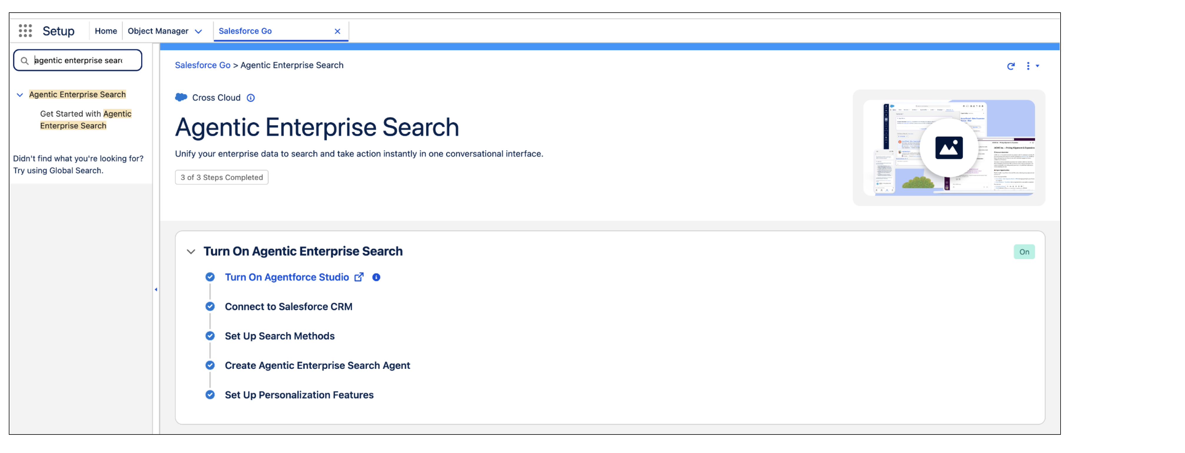 The Agentic Enterprise Search page showing Agentic Enterprise Search turned on.