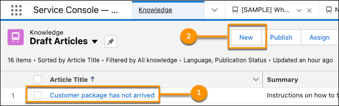 A screenshot shoiwng how to open the new lightning article editor.