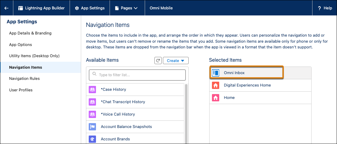Omni Inbox appears at the top of the Selected Items list.