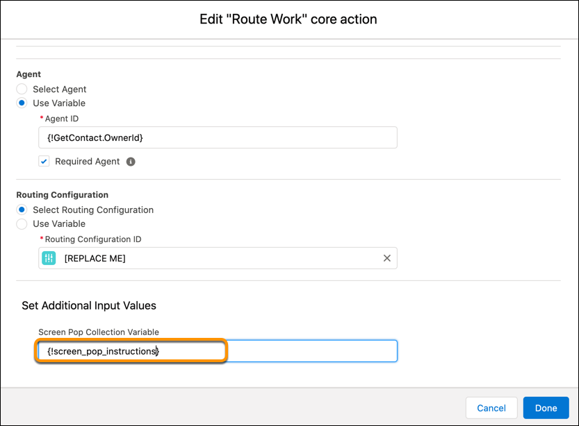Set the Route Work action's input to the variable.