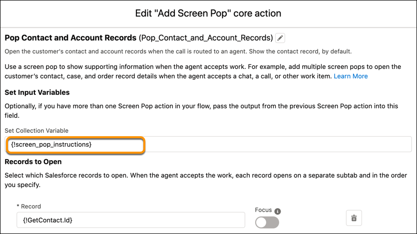 The variable is set as the input for the second Add Screen Pop action.
