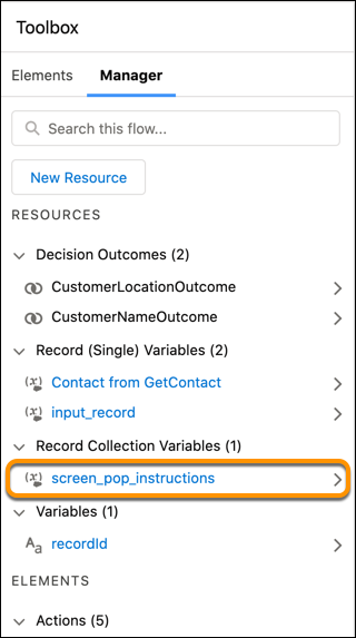 The variable appears under the Record Collection Variables section in the Manager tab of the Toolbox.