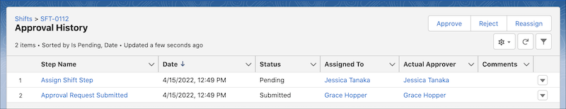 The Approval History page with Approve and Reject buttons displayed