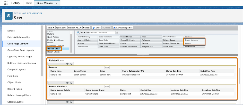 Swarm Members and Swarms related lists highlighted in page layout