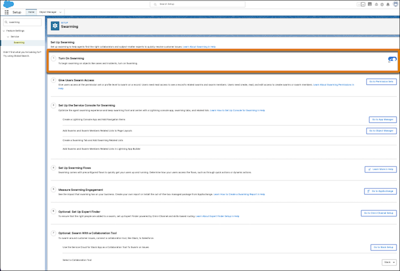 Swarming setup page with Turn On Swarming highlighted
