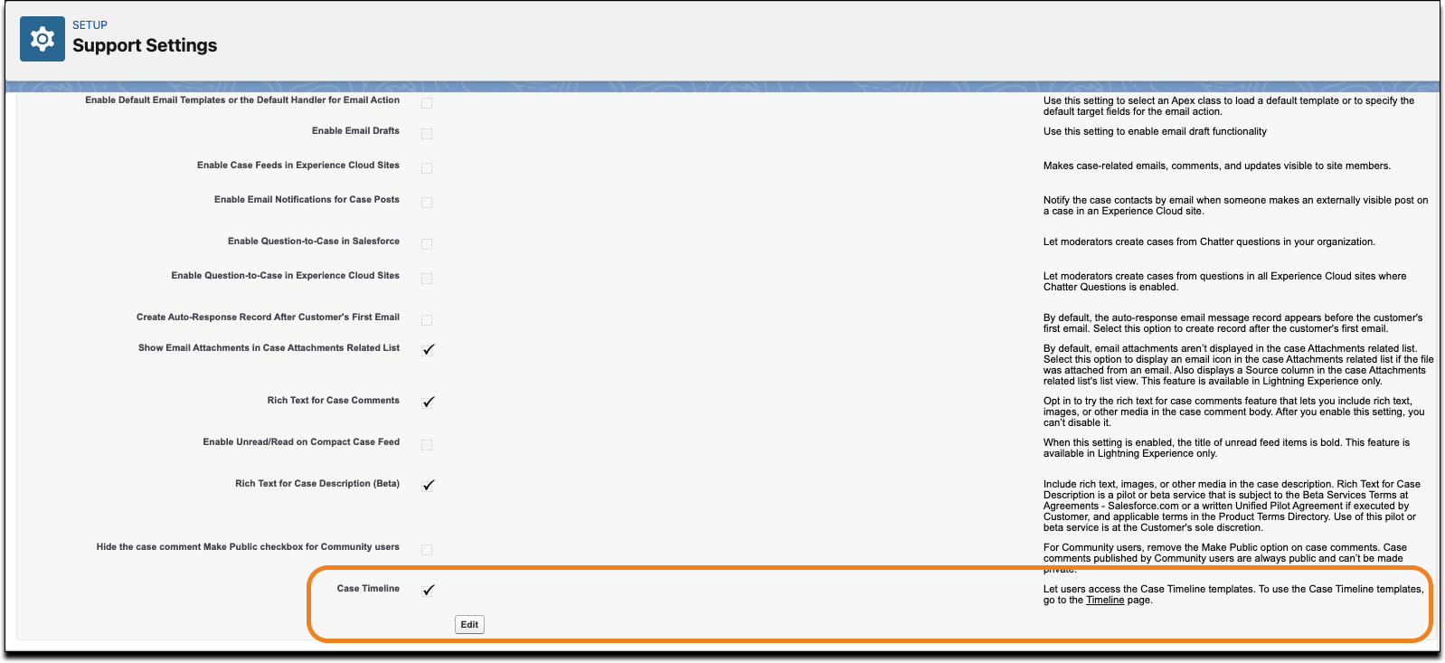 Enabling Case Timeline in Support Settings