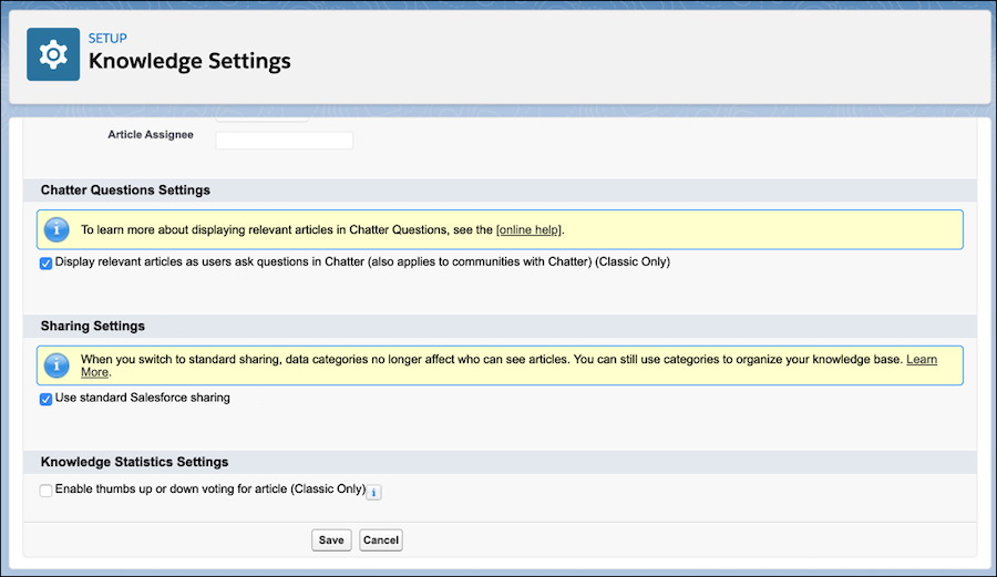 Knowledge Settings page.