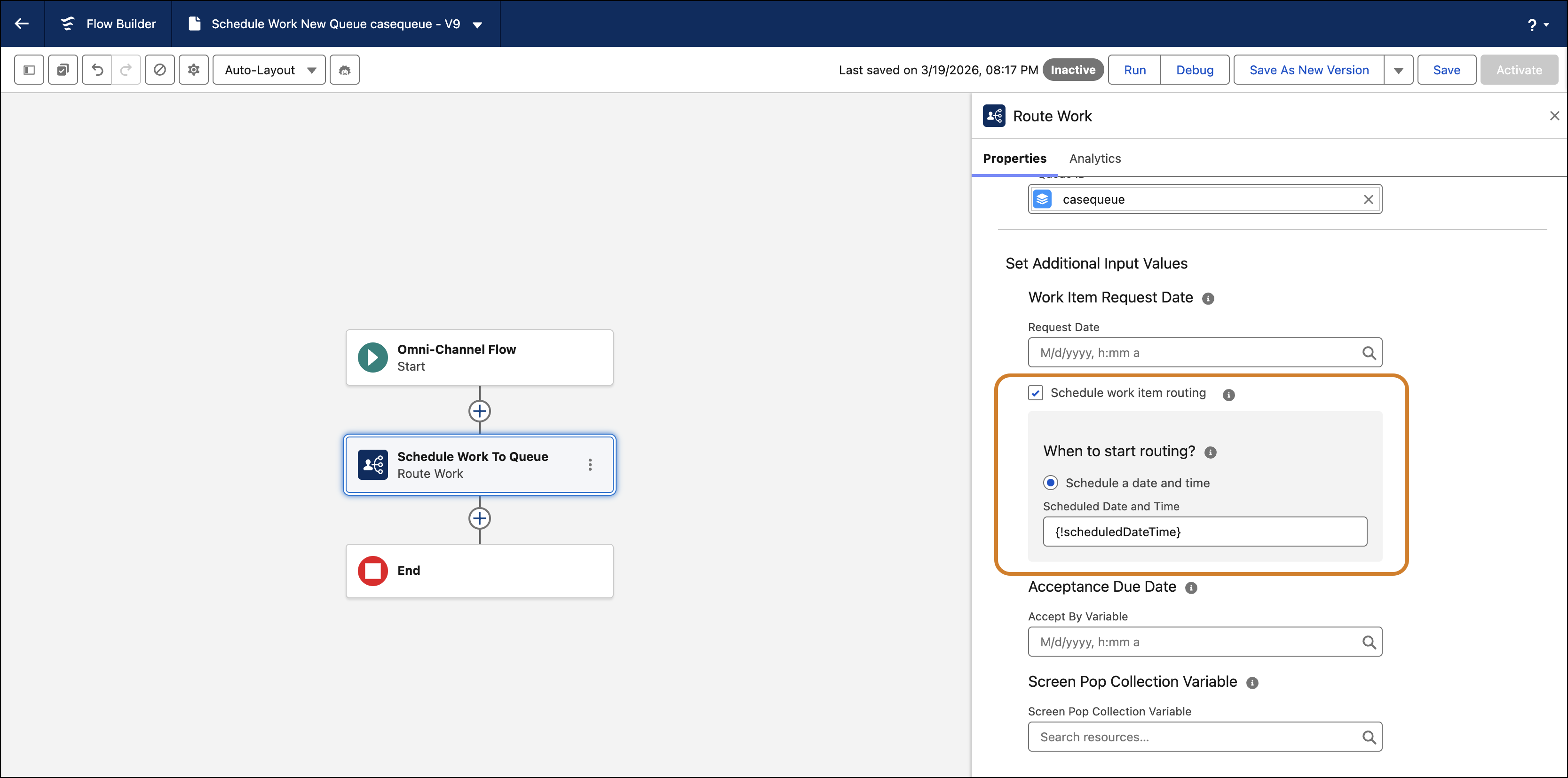 The Schedule work item routing option in Set Additional Input Values