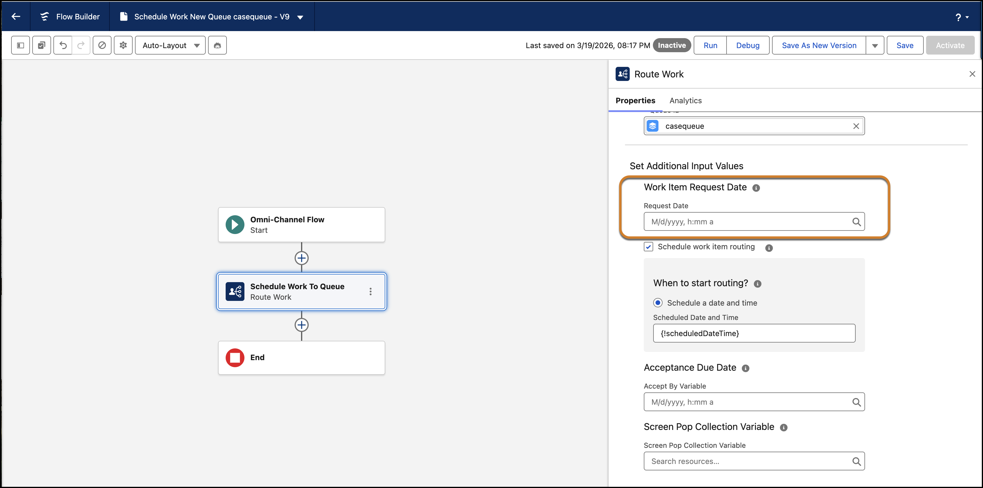 The Work Item Request Date option in Set Additional Input Values