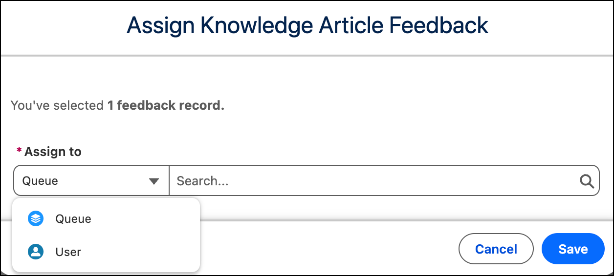 The Assign Knowledge Article Feedback page showing the Assign to field.