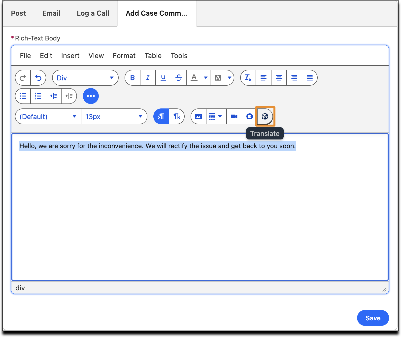 Translate button in the comments composer.