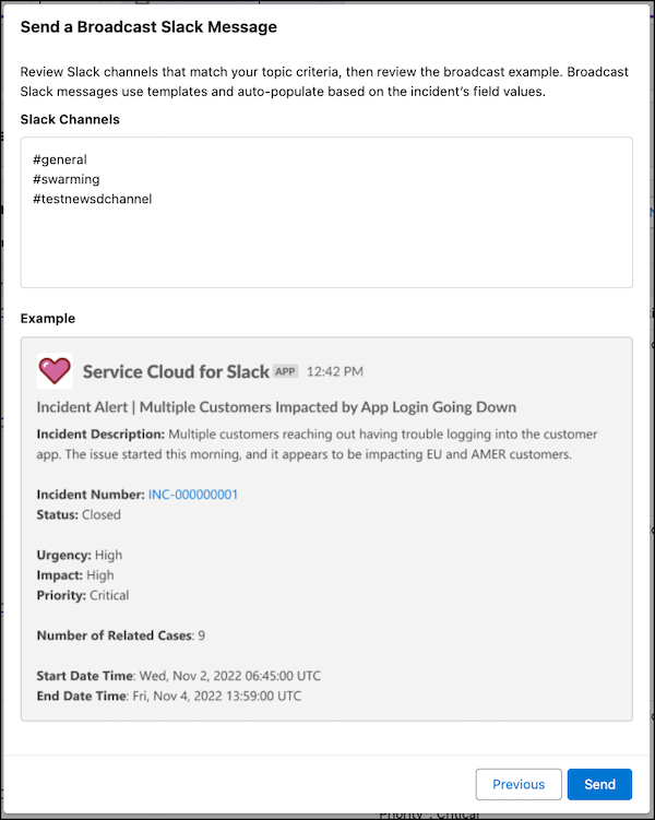 Broadcast Slack message preview screen