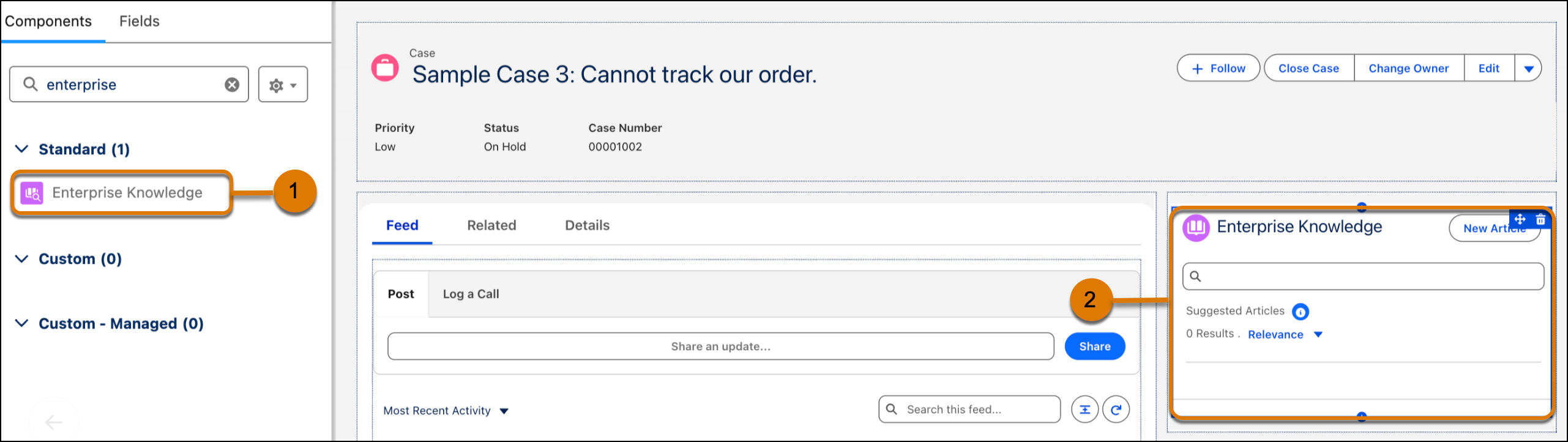 The Lightning App Builder page highlighting the Enterprise Knowledge component and their placement on the record page.