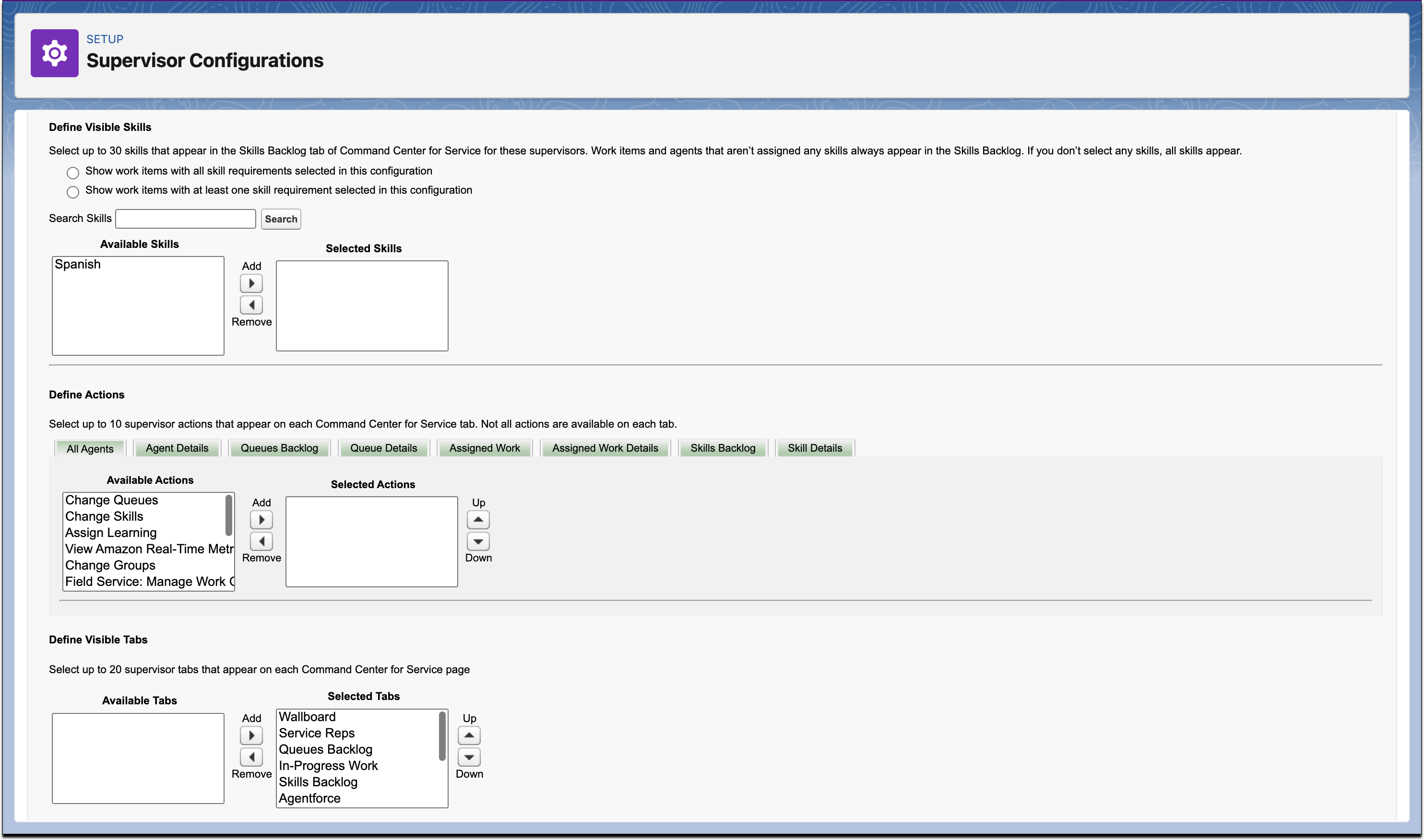 La Configuración de supervisor muestra las habilidades, acciones y fichas que se pueden seleccionar.