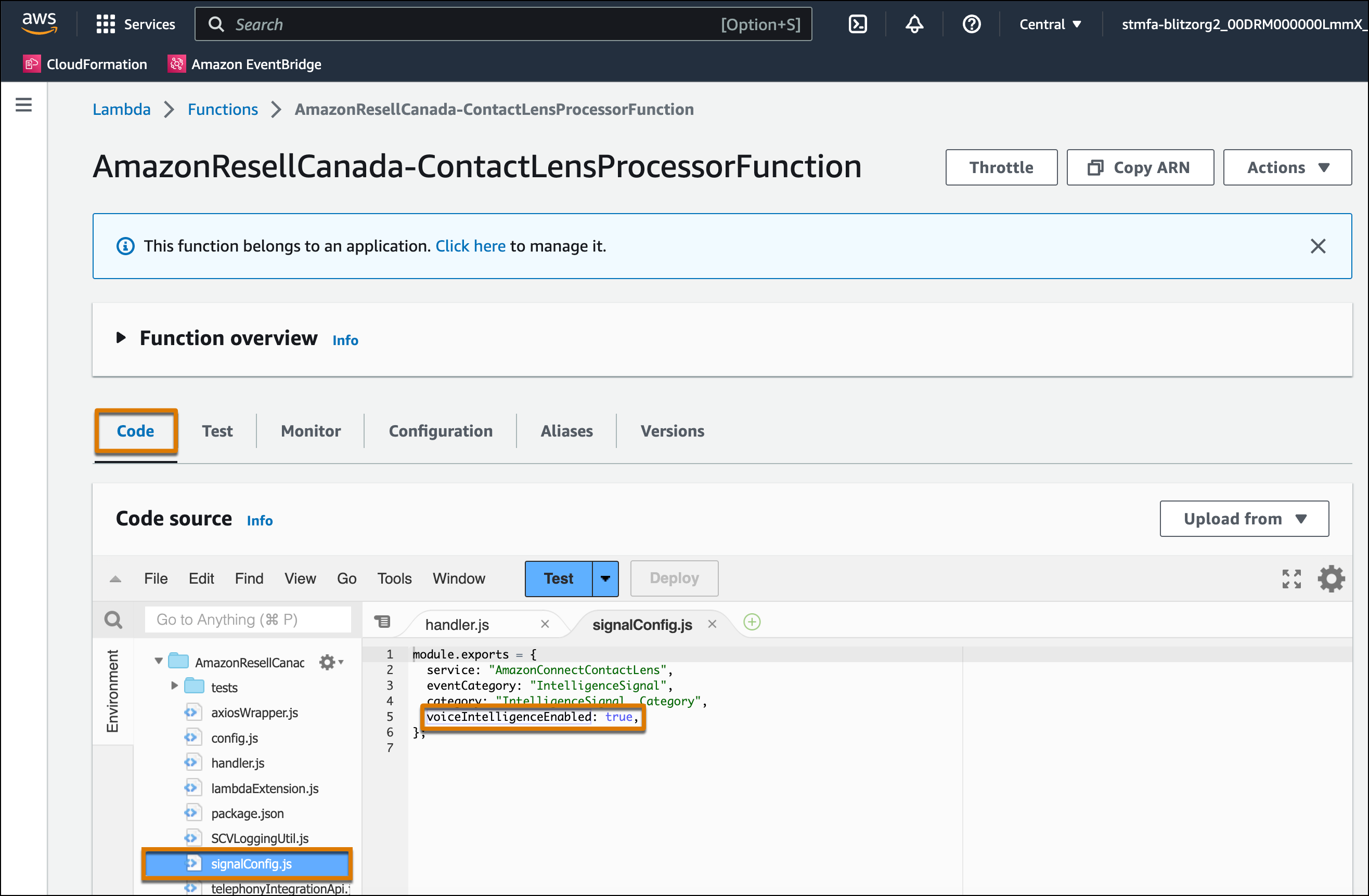 La opción aparece en la subficha signalConfig.js bajo la ficha Código.