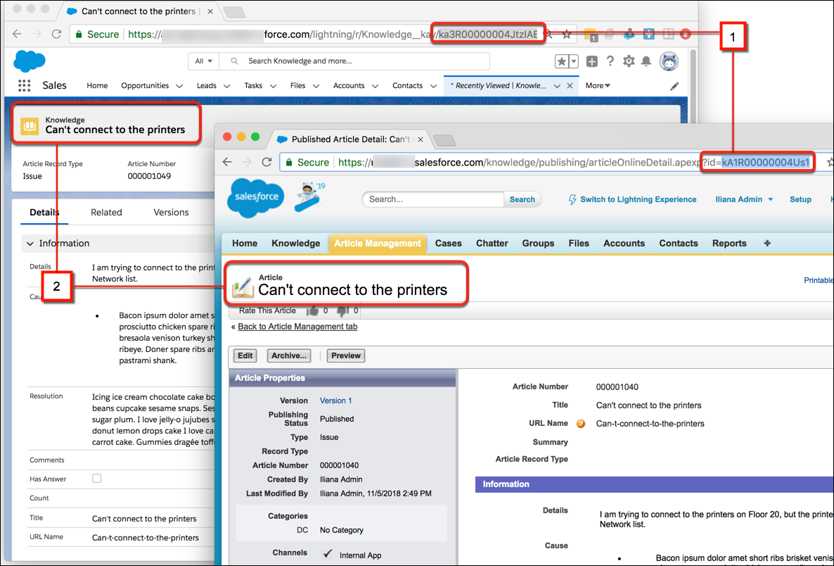 Kaksi selainikkunaa, joissa näytetään sama artikkeli Salesforce Classicissa ja Lightning Experiencessa.