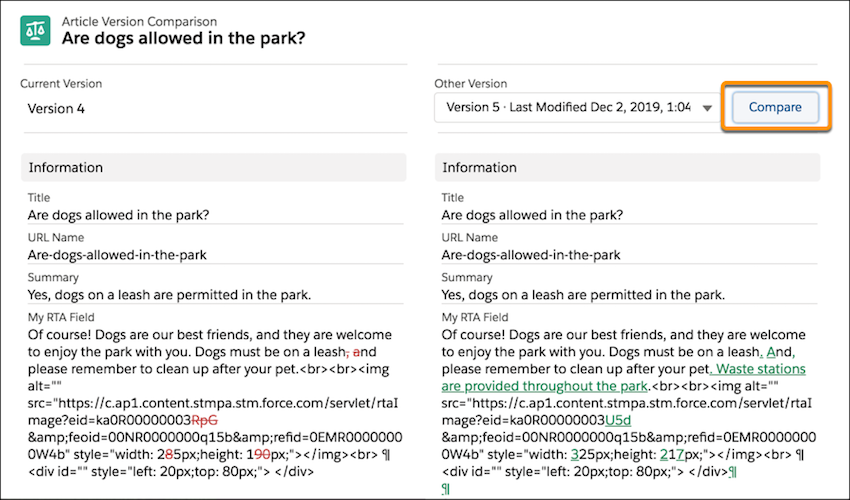 Bouton Comparer dans la comparaison des versions d'un article