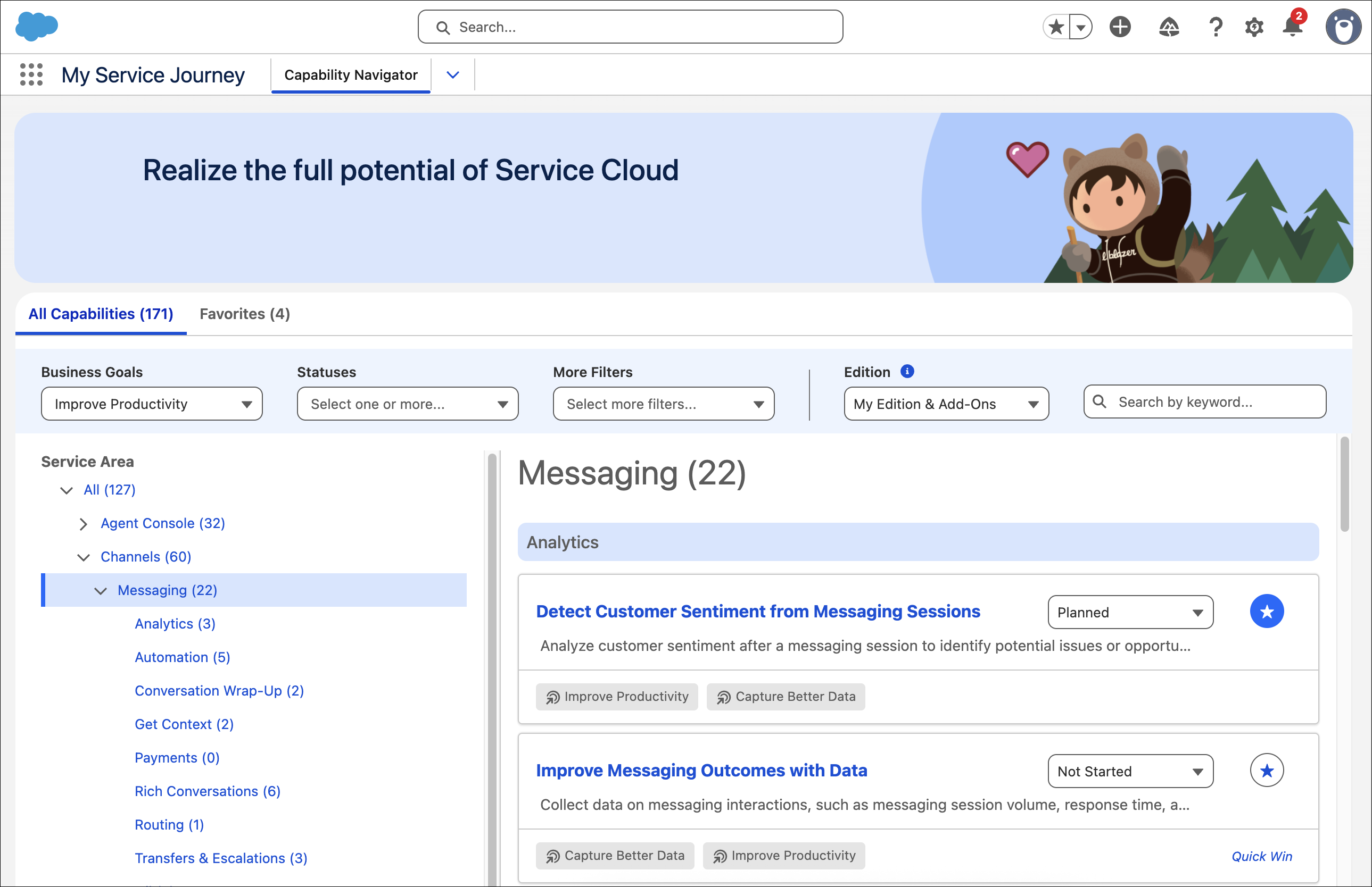 Onglet Navigateur des capacités dans l'application Mon parcours de service, montrant toutes les capacités associées à Messagerie