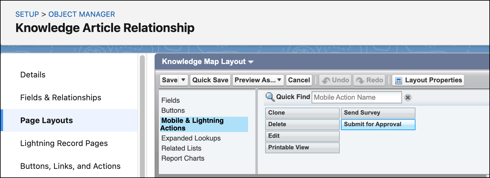 Layout della mappa Knowledge che mostra l'azione Invia per l'approvazione.