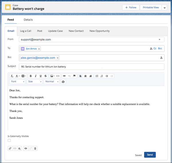 Schermata del publisher Feed caso in Lightning Experience.