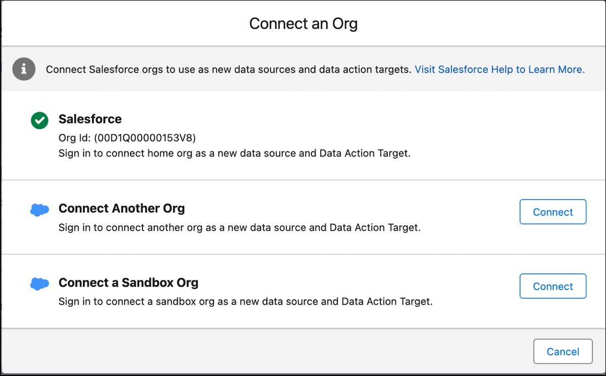 Mostra il connettore Salesforce interno per Data Cloud.