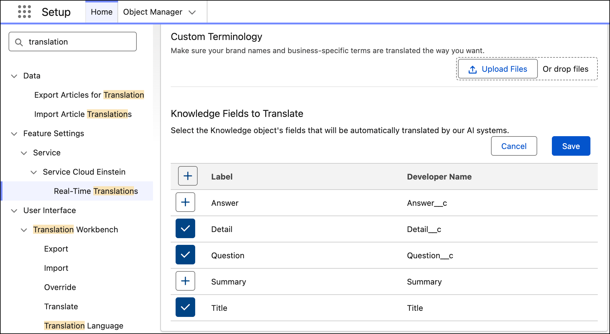 ［Knowledge Fields to Translate］ セクションで選択されたフィールド。