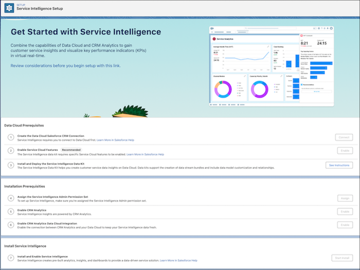 完了する手順が示されている [Service Intelligence 設定] ページが表示されます。
