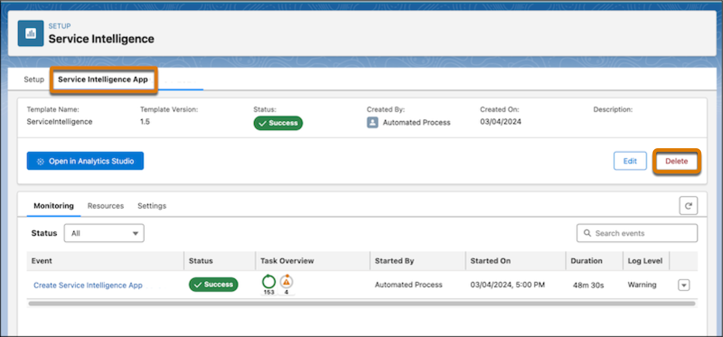 Appbehandling-fanen og sletteknappen for en Service Intelligence-forekomst.