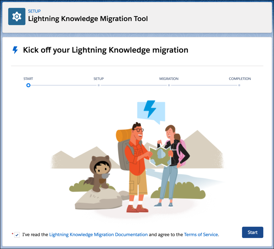 Startskjerm i Lightning Knowledge-overføringsverktøyet som viser Start-knapp og bilde av fotturister og Astro som leser et kart.