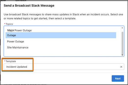 在「傳送廣播 Slack 訊息」視窗中選取的範本